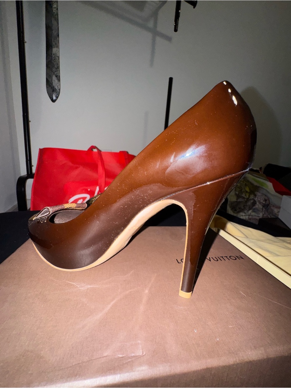 Louis Vuitton Brown Patent Leather High Heel Pumps with Bow Accent - Picture 9 of 9
